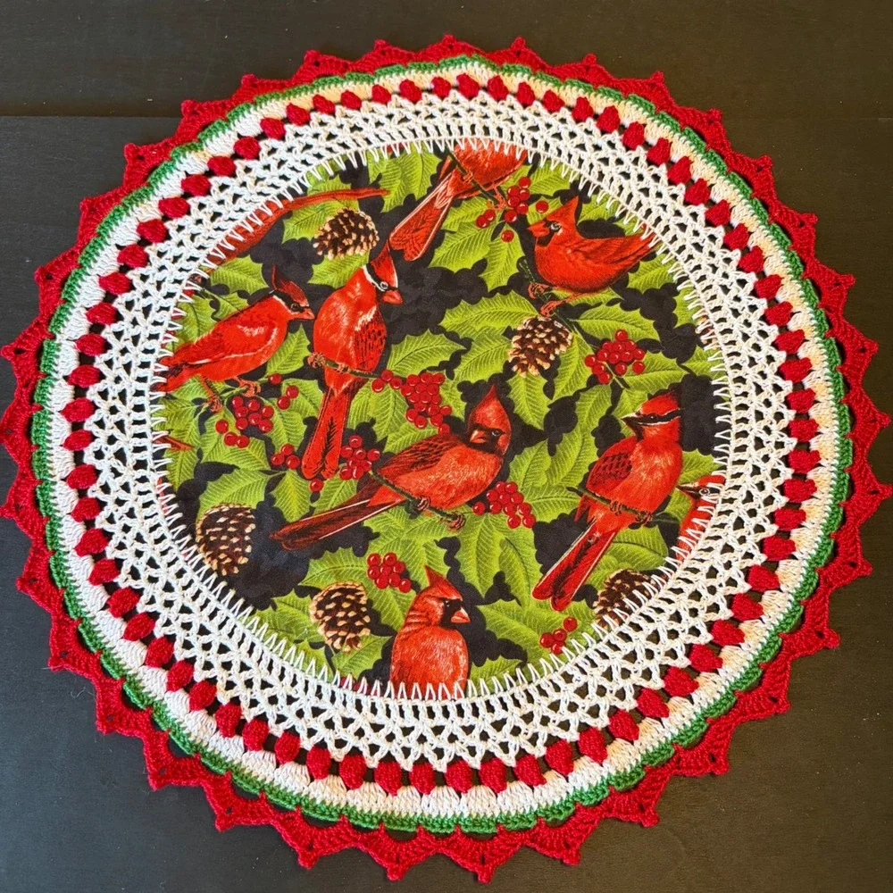 Vintage Christmas Cardinal Holly Round Doily Handmade Crochet Border 12 Inch